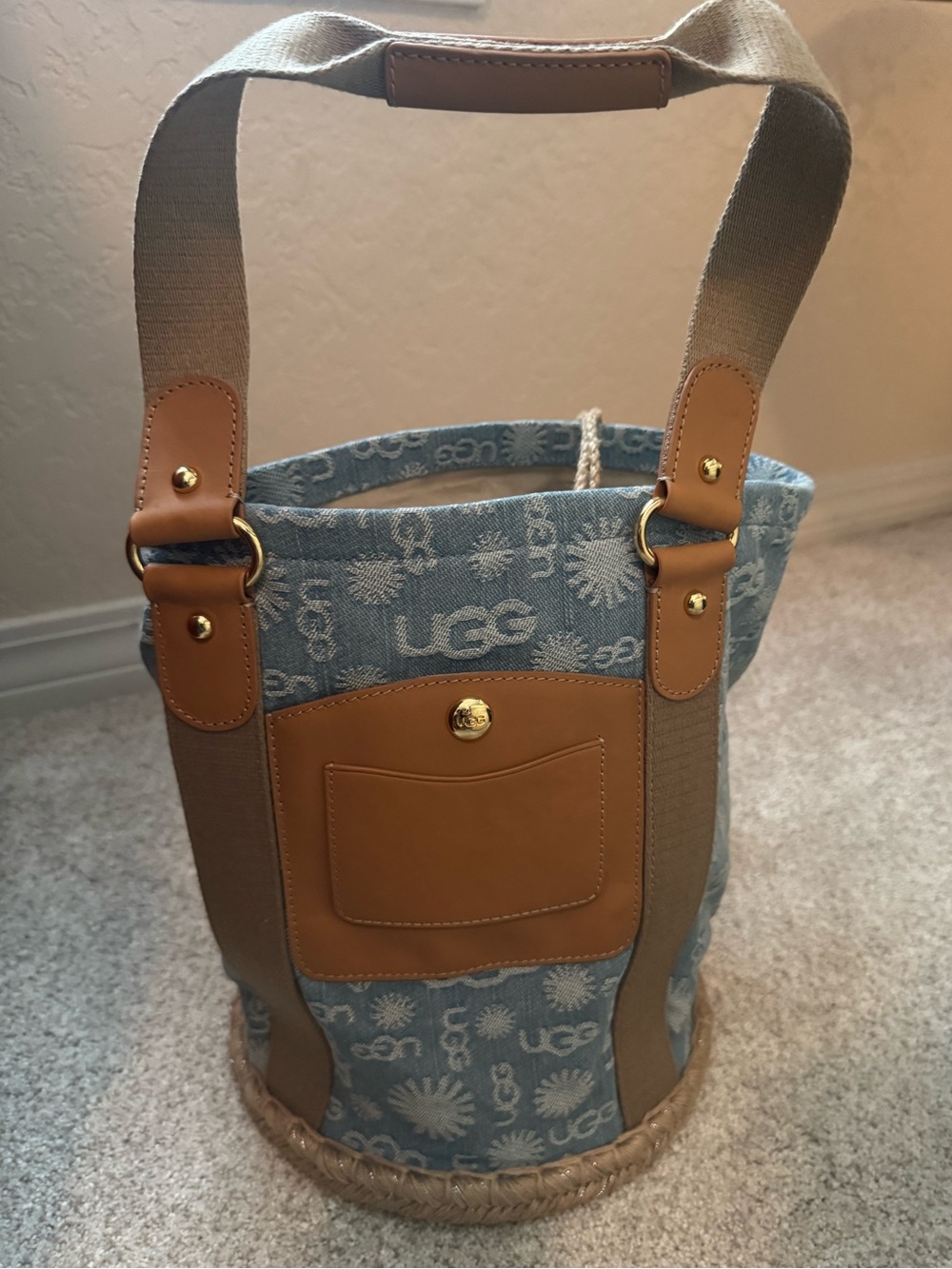 UGG Light Blue Denim Logo Bucket Bag with Tan Trim